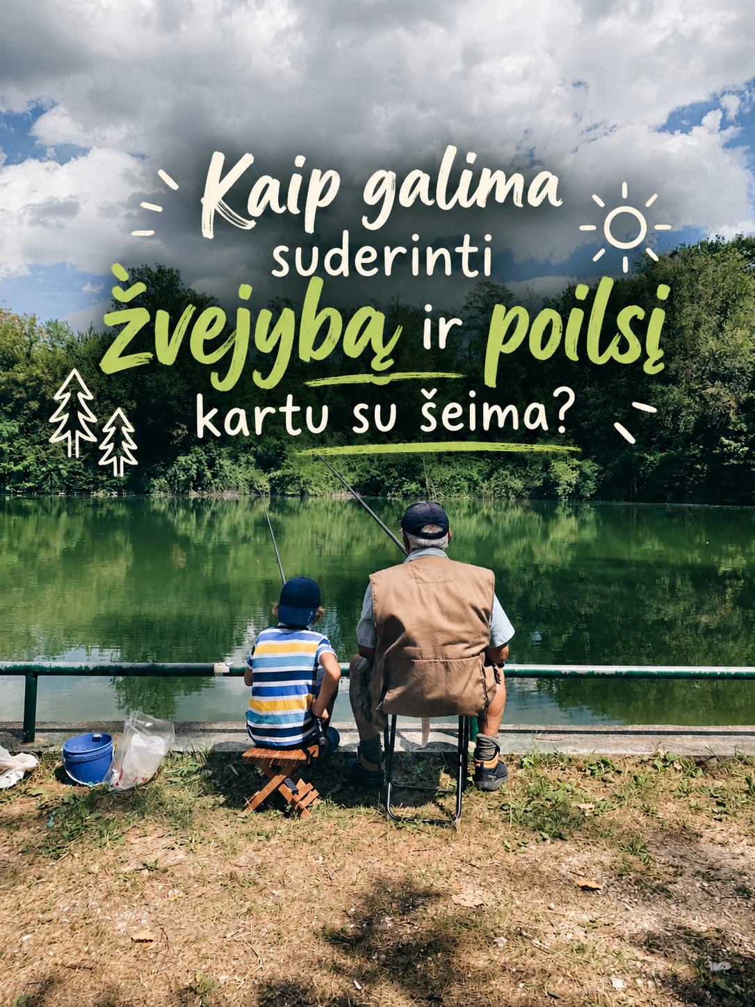 Šeima prie ežero: tėtis žvejoja nuo prieplaukos, vaikai maudosi